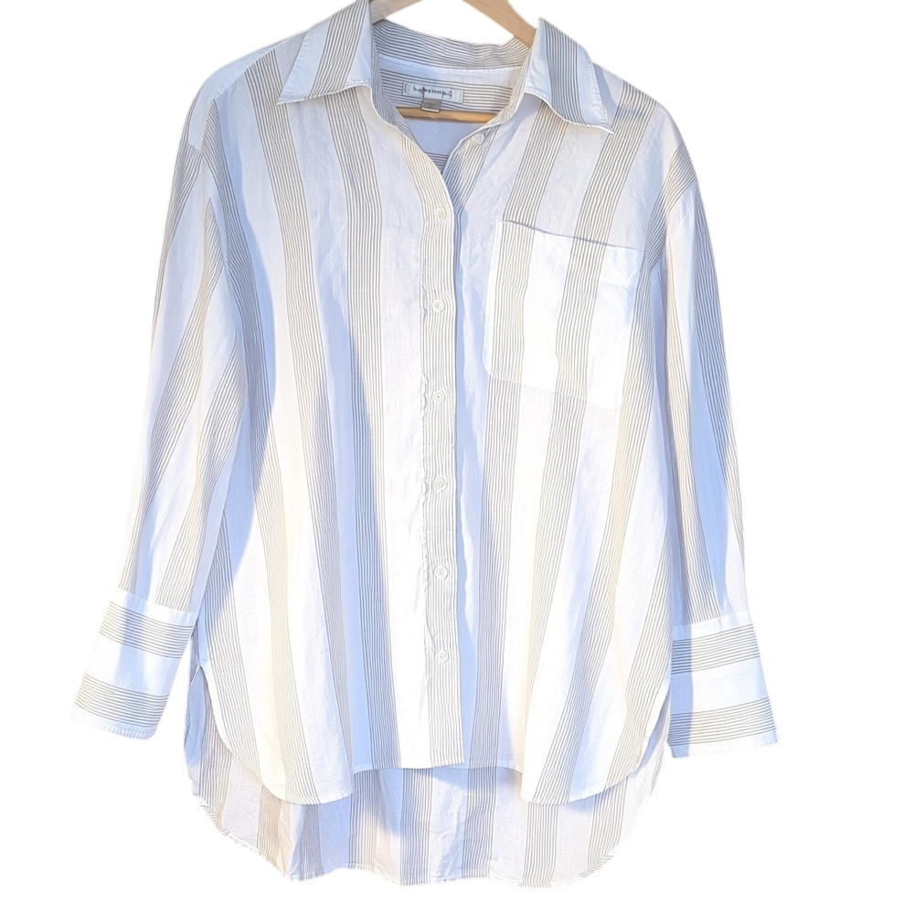 Banana Republic Beige and White Linen Shirt M Classic Preppy Beach Business